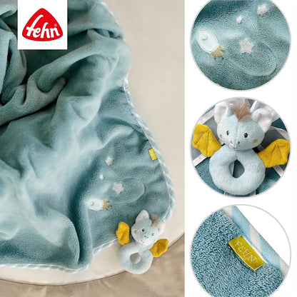 FEHN Mały Zamek koc dla niemowląt 75x100 cm z grzechotką, miękki kocyk z motywem nietoperza