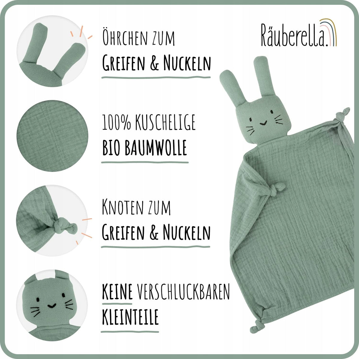 NUDU BABY zestaw muślina KOMFORTER śliniak GRYZAK, mięta, 100% bio bawełna