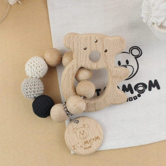 DREWNIANY GRYZAK koala I LOVE MOM z drewnianymi koralikami, nowy, w uszkodzonym opakowaniu