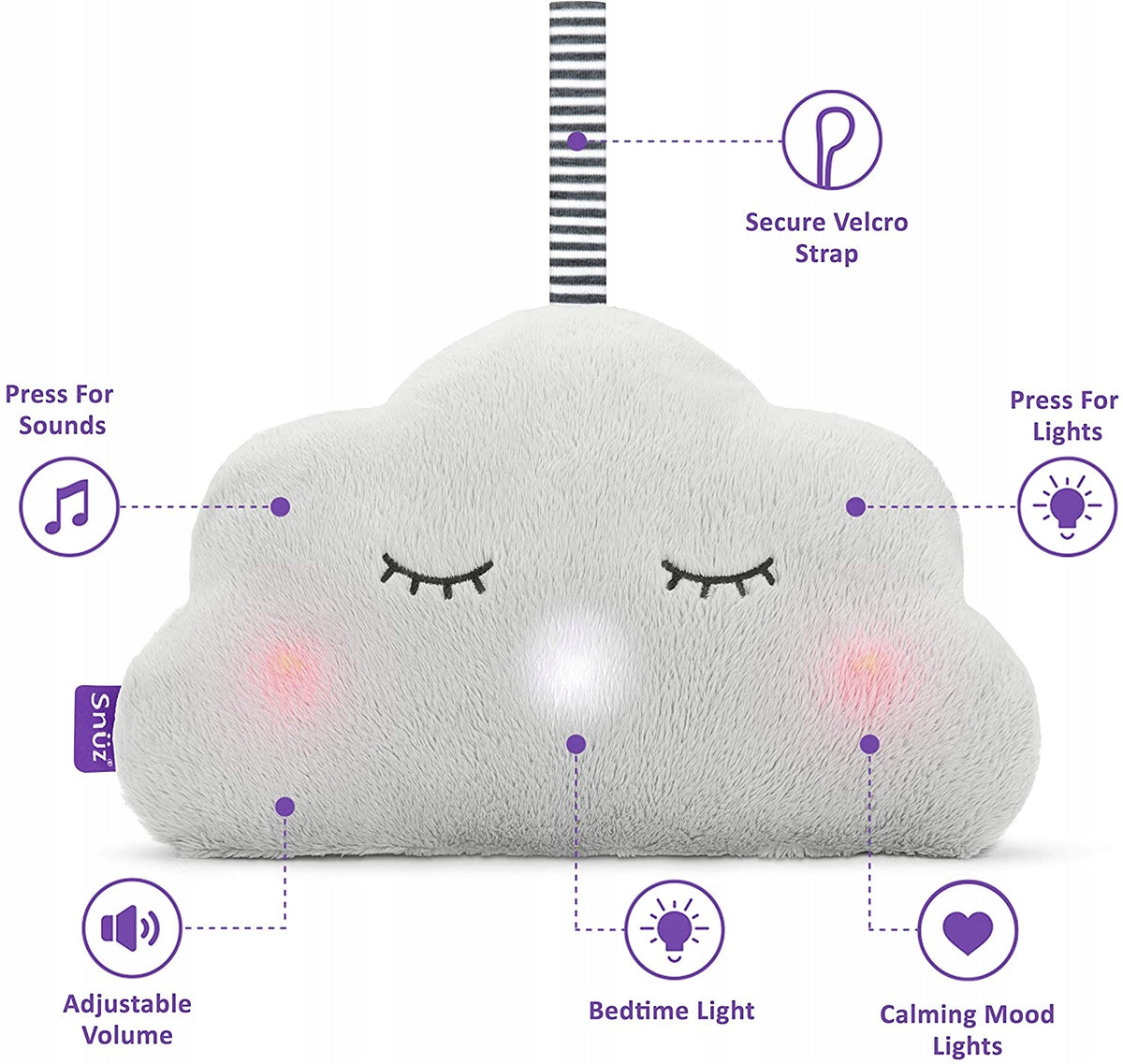 SNUZcloud chmurka USYPIACZ szum BICIE serca, przytulanka z muzyką, światłem i paskiem Velcro