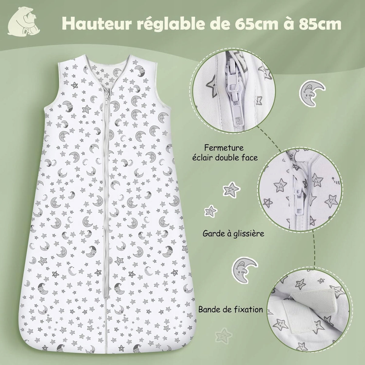 LICTIN śpiworek do spania letni 0,5TOG 65-85cm x2, regulowany, z podwójnym zamkiem i osłoną suwaka