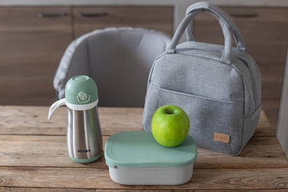 BEABA śniadaniówka lunchbox STAL nierdzewna 760ml z przegrodami z bidonem, jabłkiem i torbą