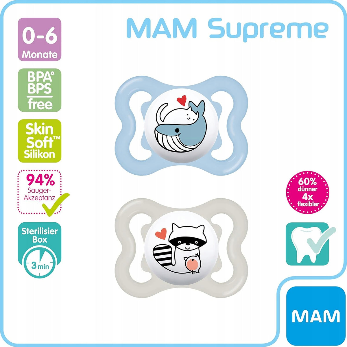 MAM SUPREME πιπίλα σιλικόνης 0-6 μηνών x2