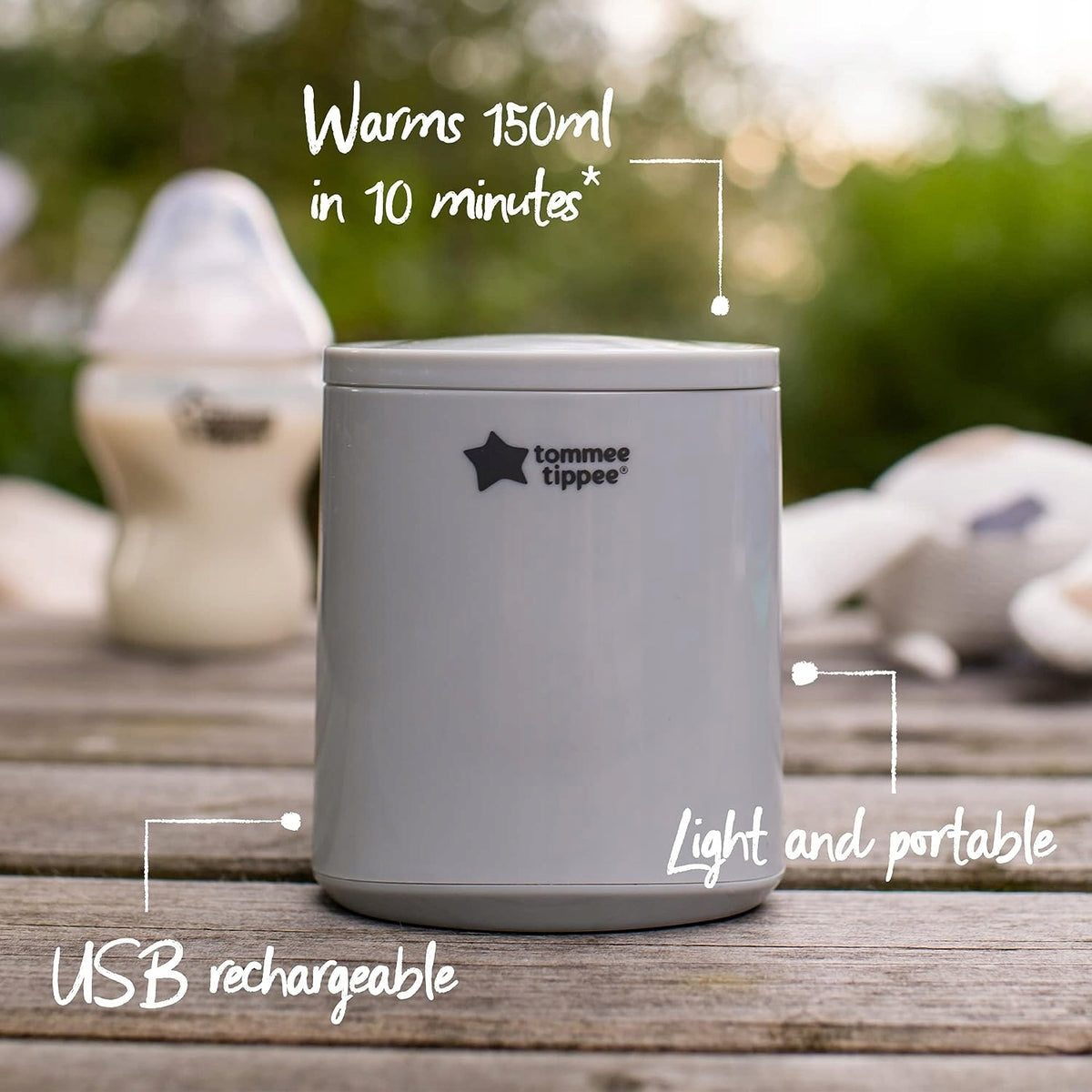 TOMMEE TIPPEE LetsGo podróżny podgrzewacz USB, szary, ładowany USB, lekki i przenośny, podgrzewa 150 ml w 10 minut