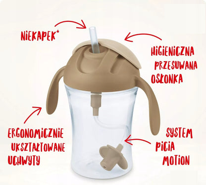 NUK Motion Cup NIEKAPEK z elastyczną słomką 8 m+ zielony kubek niekapek z ergonomicznymi uchwytami i osłonką