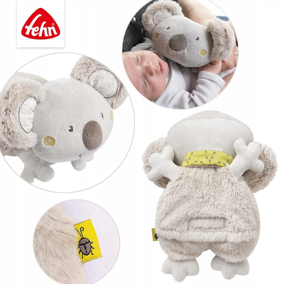 FEHN pluszowy KOALA TERMOFOR, szary termofor dla dzieci z pestkami winogron i zdejmowanym pokrowcem