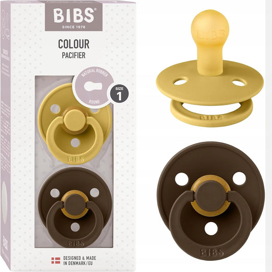 BIBS COLOUR smoczki uspokajające 2pack kauczuk 0-6msc, żółty i brązowy, naturalny kauczuk