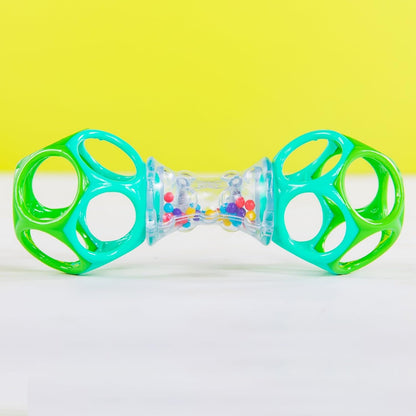 BRIGHT STARTS Oball Shaker gryzak chwytak z grzechotką 14,5 cm, zielony silikonowy gryzak dla niemowląt 0+