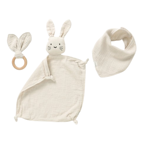 NUDU BABY doudou en coton + anneau de dentition et bavoir LAPIN 28 cm