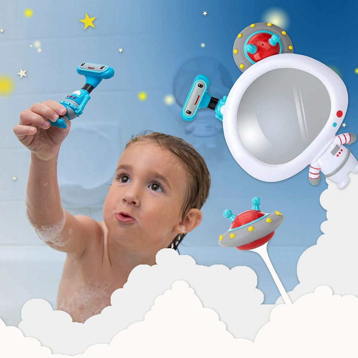 NUBY lusterko z przyssawką + 2 zabawki do kąpieli, białe lusterko do wanny dla dzieci 12 m+