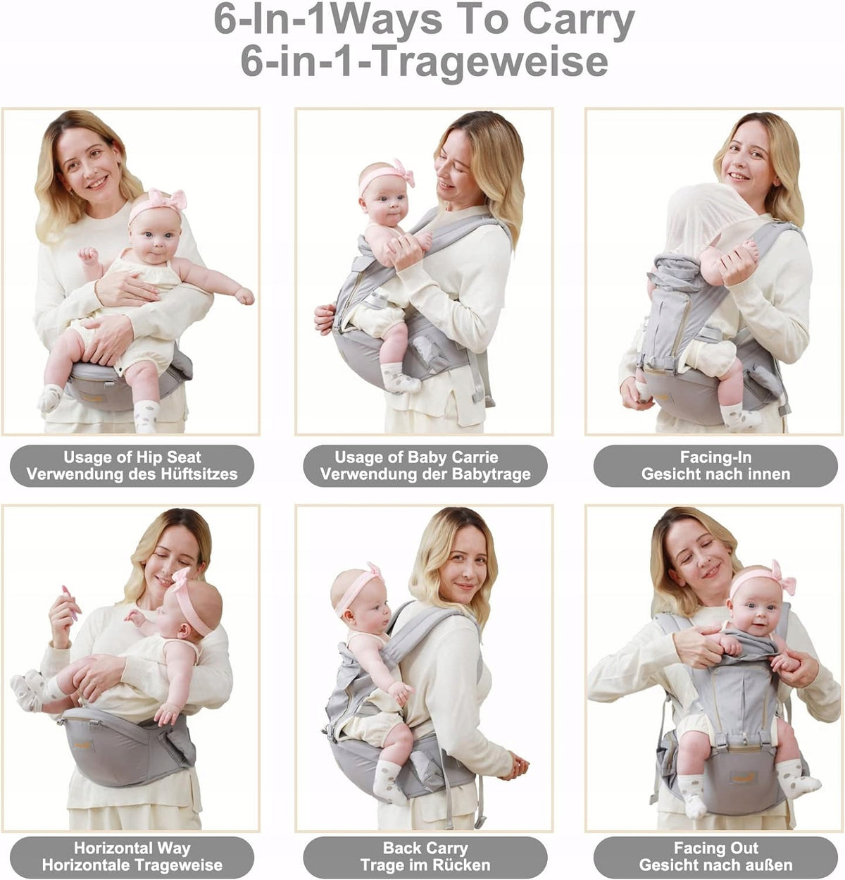 GROWNSY Ergonomische Babytrage mit Hüftgurt 6-in-1