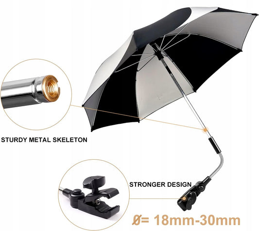 ZJ RIGHTO parasol ochronny do wózka średnica 74 cm promienie UV wodoodporny, czarno-srebrny z mocnym klipsem