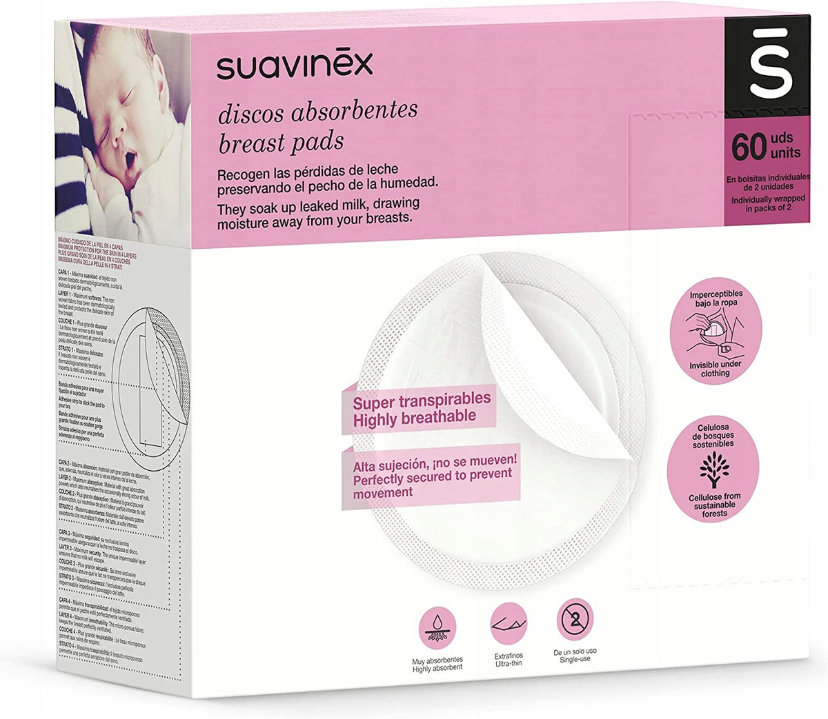 SUAVINEX WKŁADKI laktacyjne jednorazowe x60, chłonne i oddychające wkładki dla karmiącej mamy