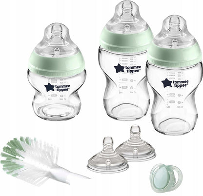 TOMMEE TIPPEE zestaw startowy SZKLANE BUTELKI z 3 butelkami, smoczkami, szczotką i smoczkiem uspokajającym