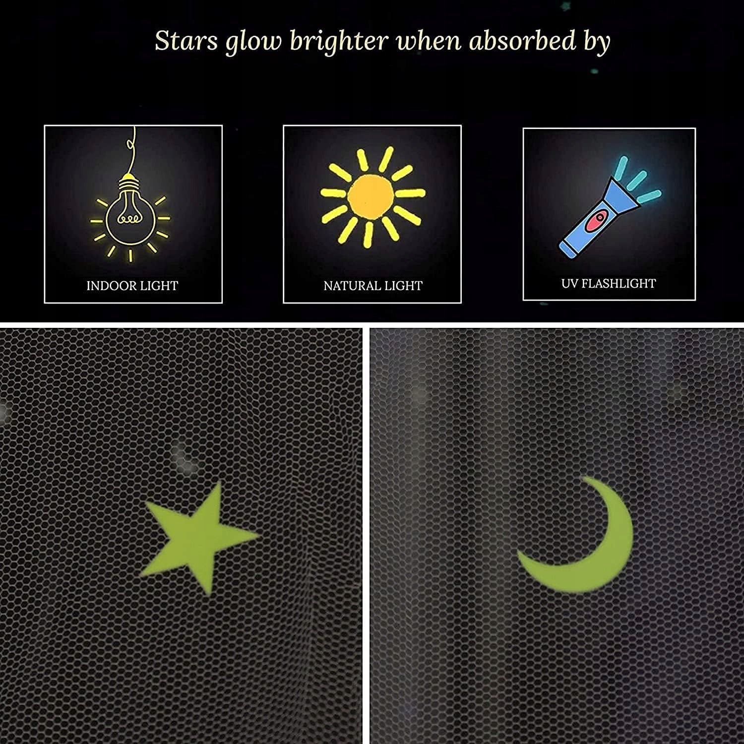 GLOW BED moskitiera do łóżeczka, baldachimu z fluorescencyjnymi gwiazdkami – zdjęcie produktu 3