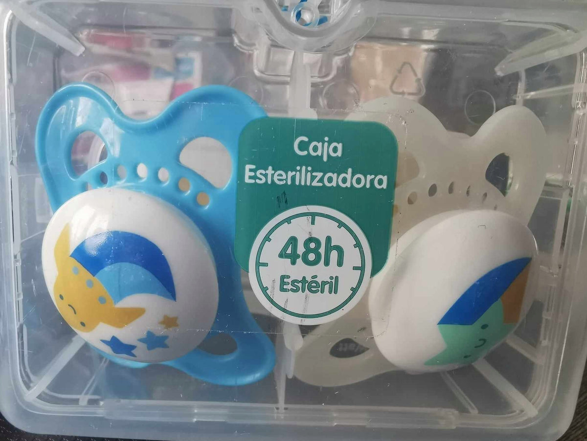 MAM ORIGINAL smoczek uspokajający x2 0-6m LATEKS, pudełko sterylizujące 48h, niebieski i biały