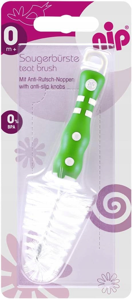 NIP szczotka do czyszczenia smoczków butelek i akcesoriów 14 cm, biało-zielona, wolna od BPA
