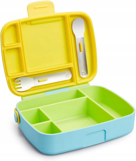 MUNCHKIN Bento Box śniadaniówka + sztućce, 5 komór. Niebiesko-zielono-żółty lunch box z 5 przegródkami i sztućcami.