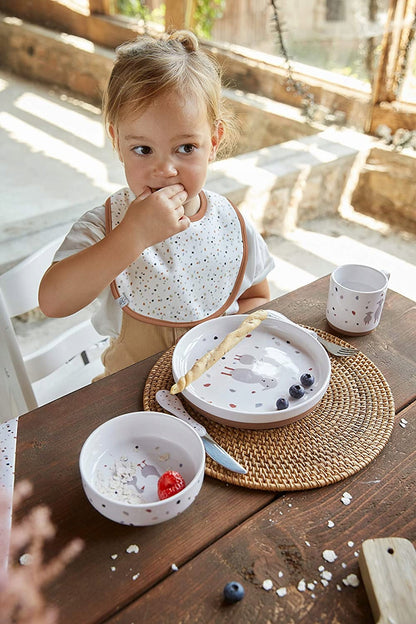 LASSIG Tiny Farmer zestaw naczyń porcelanowych dla dzieci, porcelana i silikon, z antypoślizgowymi stoperami