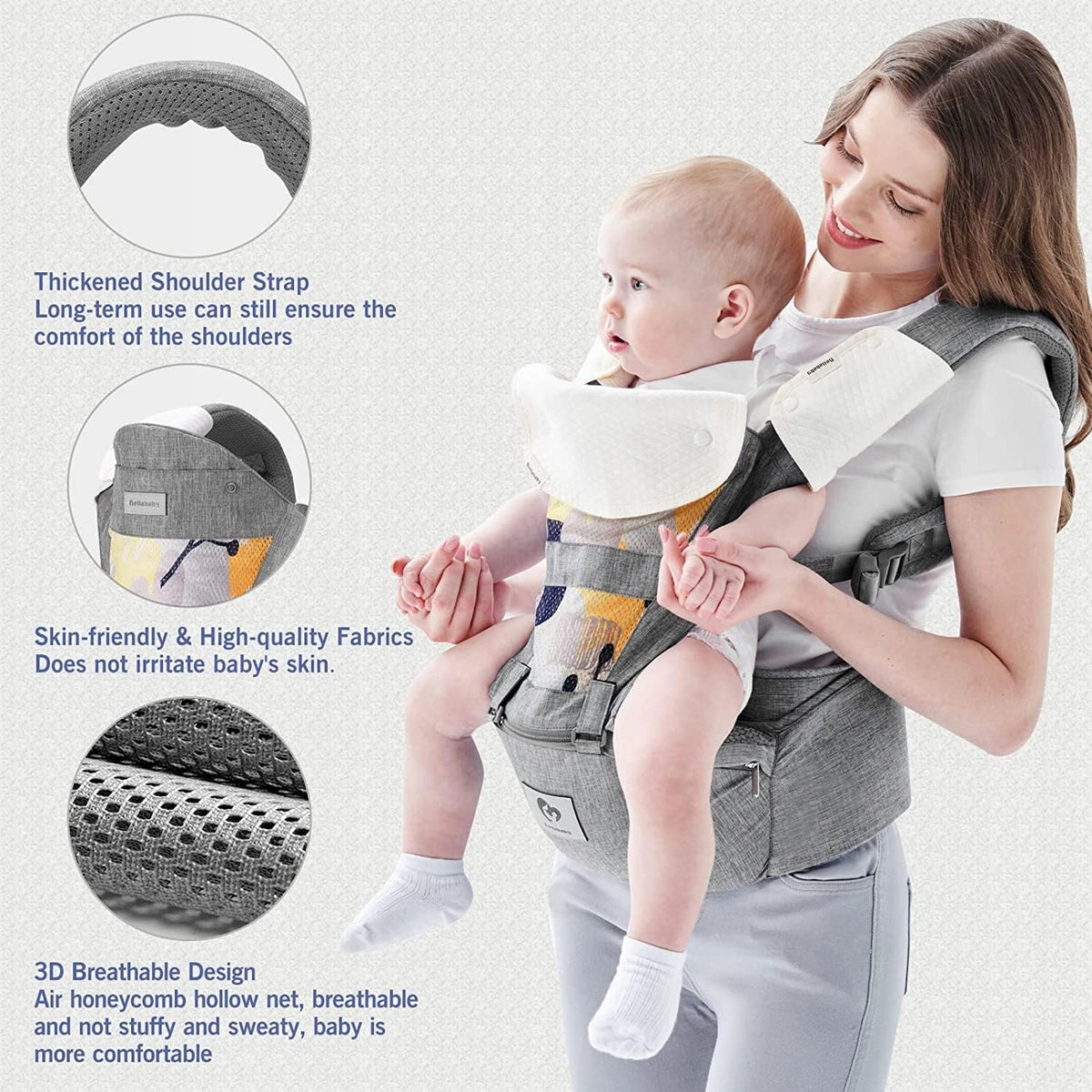 BELLABABY nosidełko ergonomiczne z pasem biodrowym 3w1 0-36msc szare, oddychające i wygodne dla dziecka