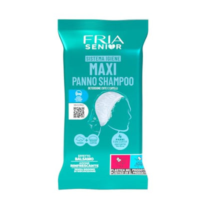 Turkusowe opakowanie Fria Senior Maxi Panno Shampoo z rysunkiem głowy i oznaczeniem czterech ściereczek.