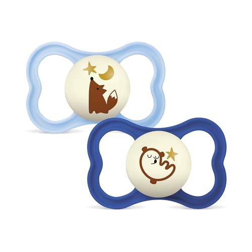 Dwa smoczki MAM Supreme Night z lisem i sową, jasnoniebieską i granatową tarczą.