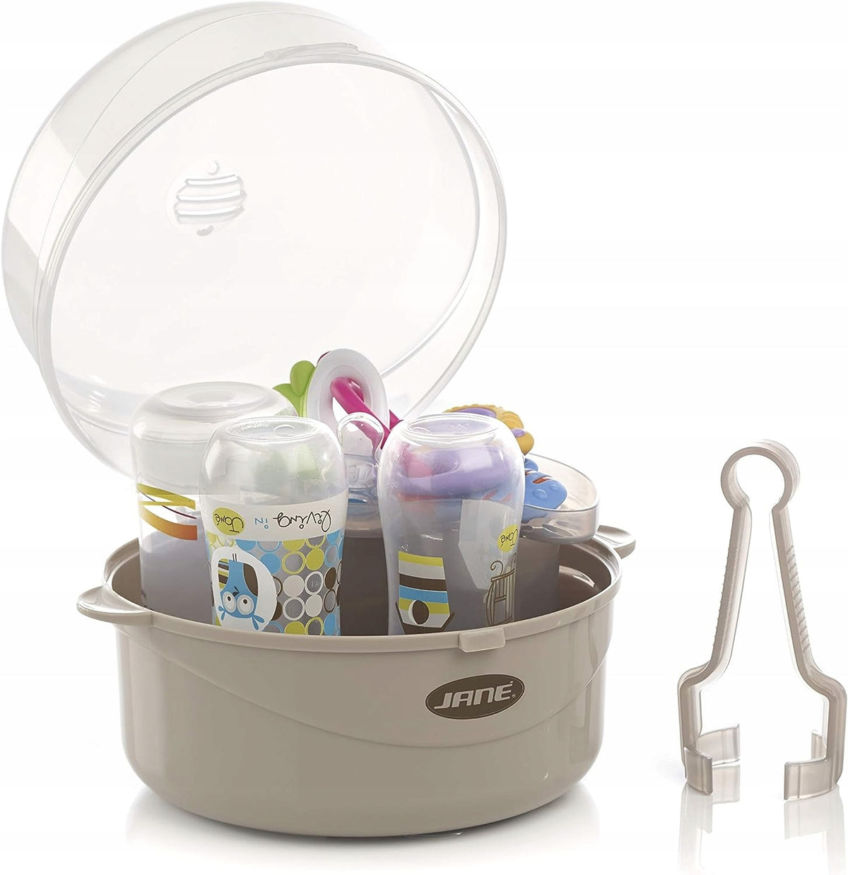 JANE Maternity sterylizator mikrofalowy + szczypce do butelek i akcesoriów, szary, BPA free