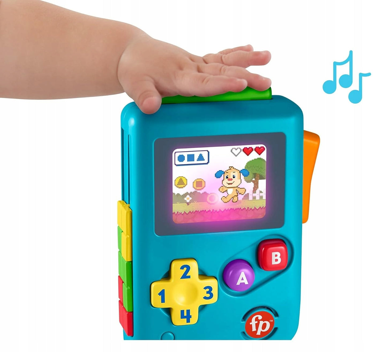 FISHER-PRICE Lil Gamer interaktywna konsola retro J.NIEMIECKI, niebieska z przyciskami i dźwiękami