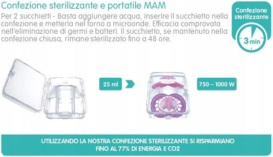 MAM Perfect smoczek uspokajający x2 16msc+ box, sterylizujące etui do smoczków MAM, 3 min, 25 ml