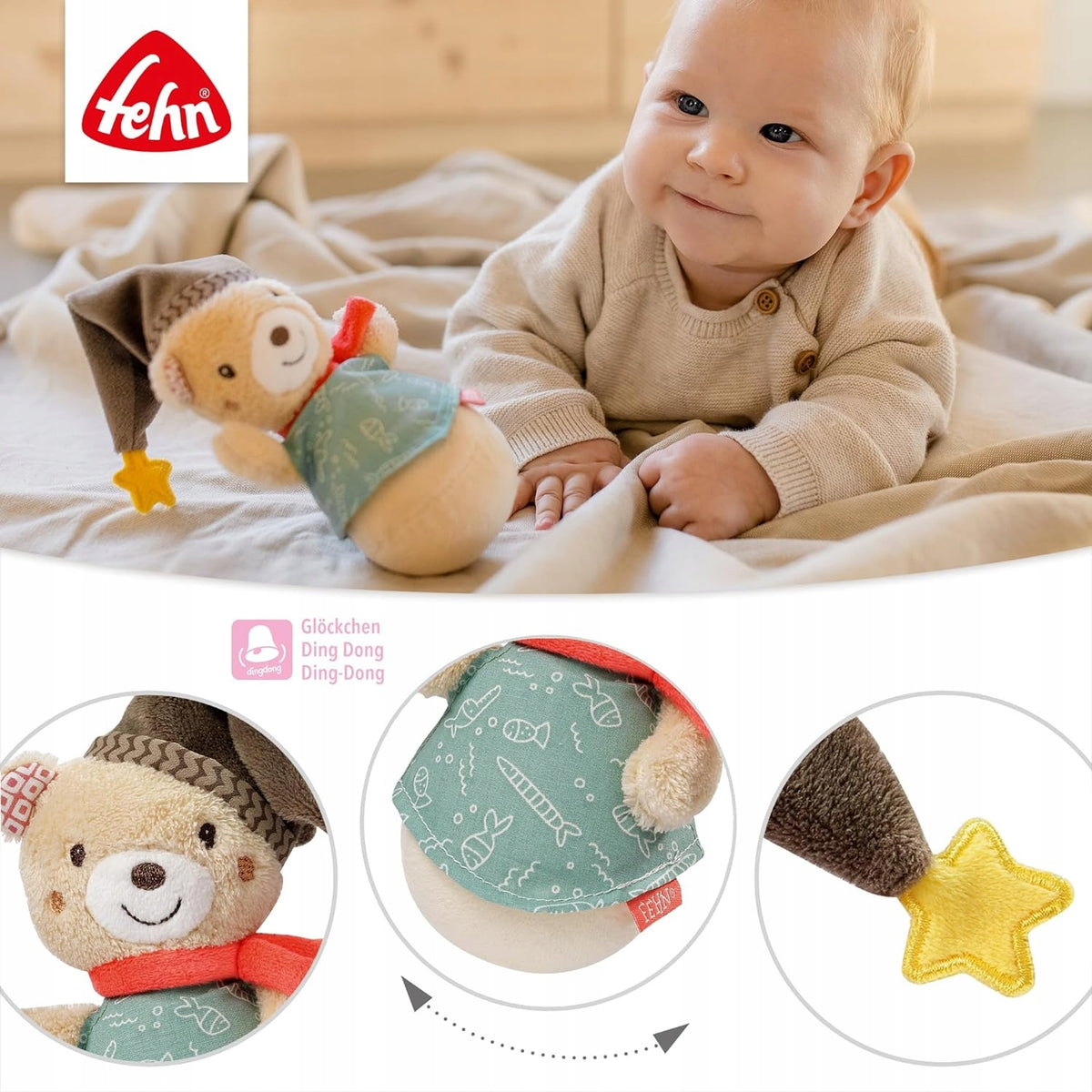 FEHN Ursulețul Bruno, jucărie tip „wańka-wstańka”, 14 cm, cu zornăitoare