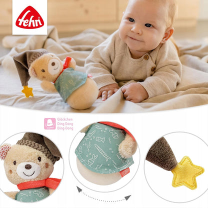 FEHN Miś Bruno wańka WSTAŃKA 14cm grzechotka dla niemowląt, kolorowa zabawka z dzwoneczkiem