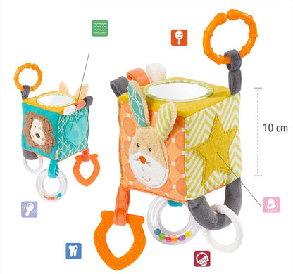 FEHN Activity Cube pluszowa zawieszka kostka z grzechotką 10 x 10 cm – zdjęcie 2