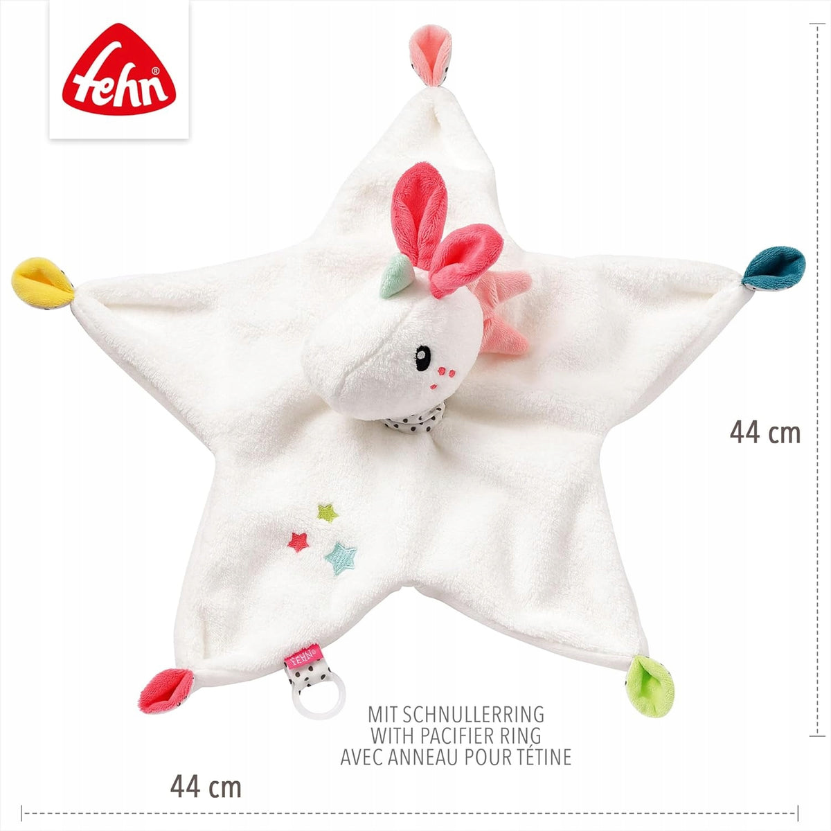 FEHN komforter przytulanka AIKO&YUKI 30 cm, miękka przytulanka jednorożec z ringiem do smoczka dla niemowląt