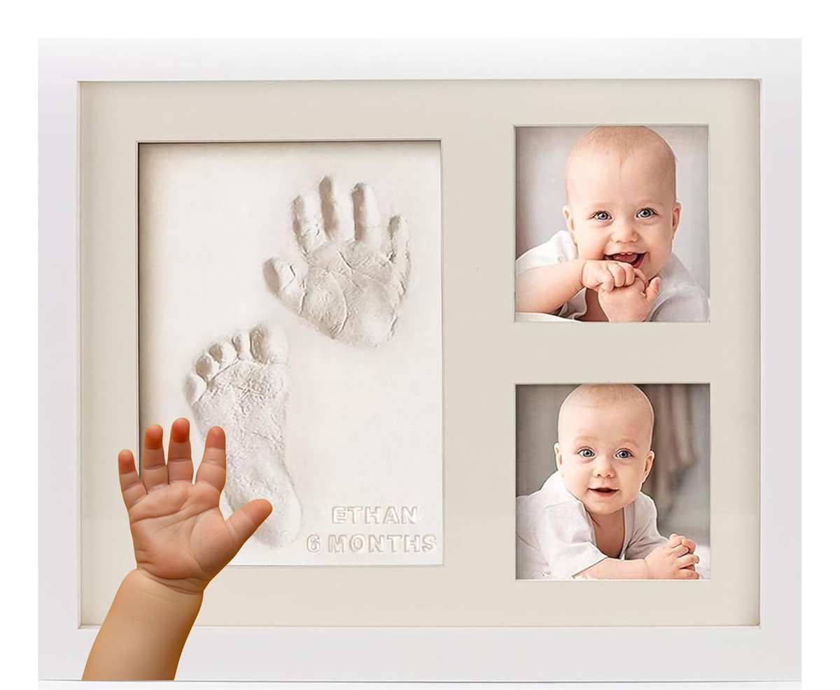 BUBZI cadre photo en bois, empreintes de mains et de pieds 23 x 28 cm + argile