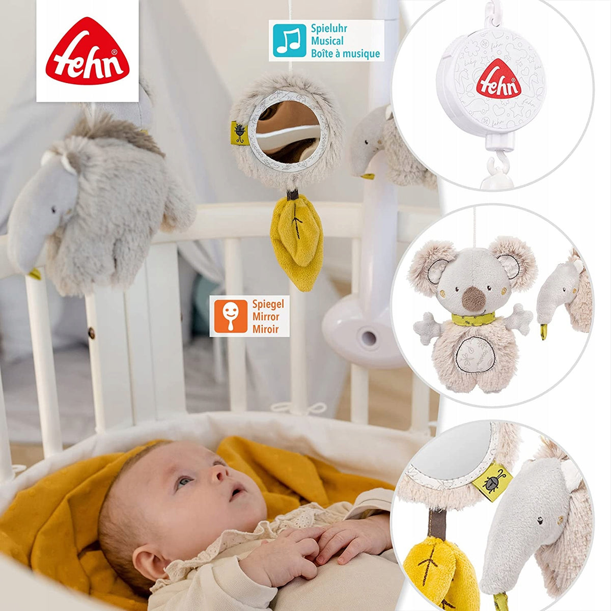 FEHN Australia KARUZELA do łóżeczka z pozytywką i lusterkiem, wielokolorowa, 0-5 m, 65 cm