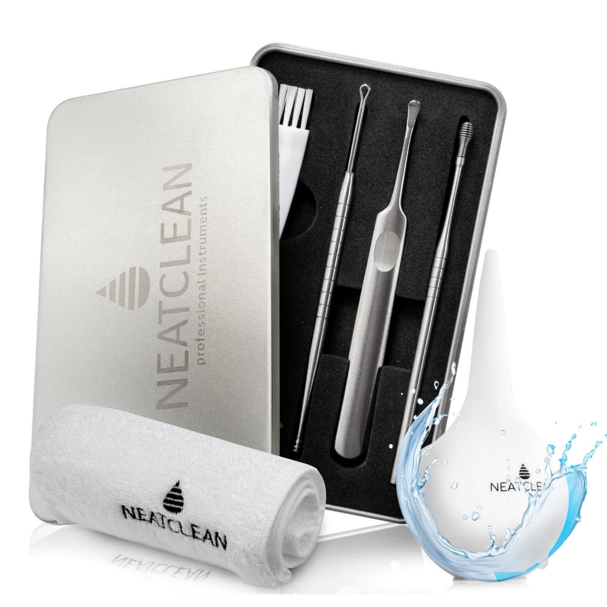 NEATCLEAN zestaw do pielęgnacji i czyszczenia uszu w metalowym pudełku, z 3 czyścikami, pędzelkiem i ręcznikiem