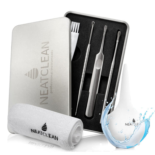 NEATCLEAN zestaw do pielęgnacji i czyszczenia uszu w metalowym pudełku, z 3 czyścikami, pędzelkiem i ręcznikiem