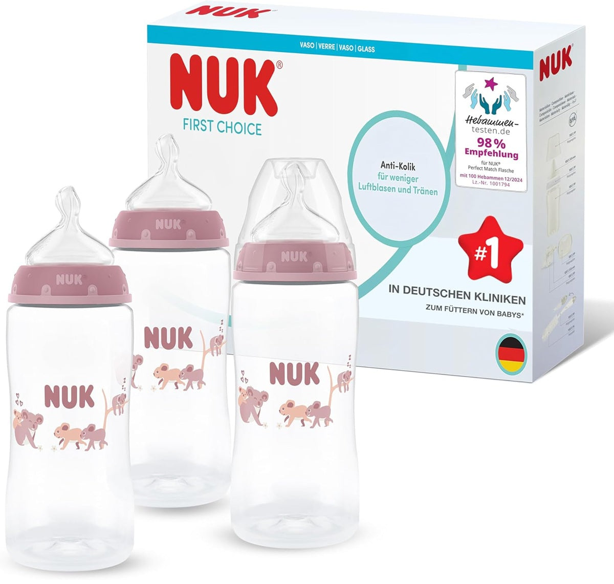 NUK First Choice set of 3 x 300 ml bottles, M teat, 3 months+, KOALA