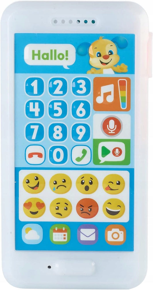 FISHER-PRICE FPR14 "nagraj wiadomość" smartfon interaktywny J.NIEMIECKI, biało-niebieska zabawka z przyciskami