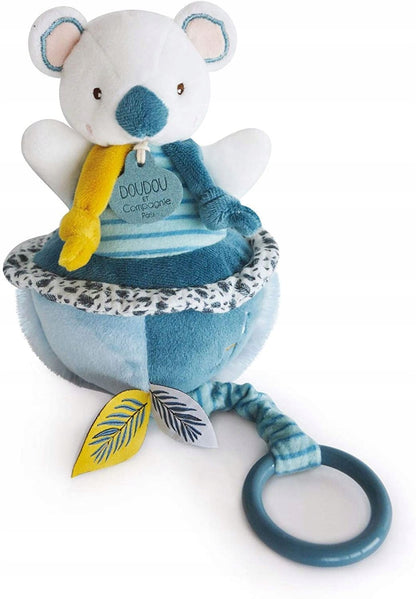 DOUDOU et COMPAGNIE koala z pozytywką 20 cm, miękka przytulanka dla niemowląt w biało-turkusowych kolorach