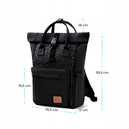 KINDERKRAFT MOONPACK CONFETTI plecak na pieluchy i akcesoria, czarny z wymiarami