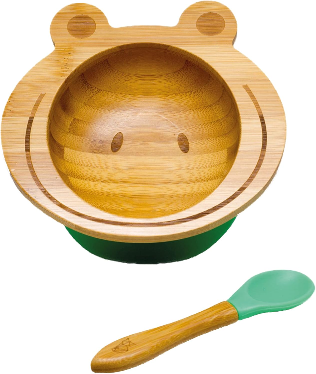 KLEINER FUCHS plato de bambú con ventosa y cuchara rana para bebés
