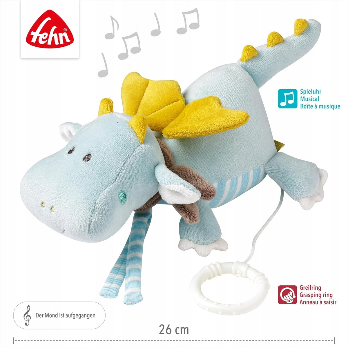FEHN Mały Zamek zawieszka smok 26cm z pozytywką, niebieski smok z pozytywką i gryzakiem do wózka
