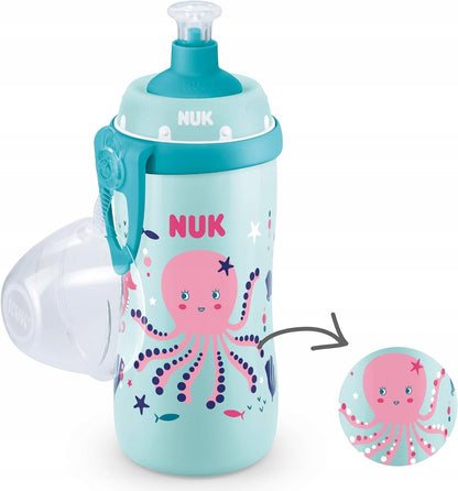 NUK Junior Cup BUTELKA 18 m+ ustnik push-pull 300 ml EFEKT KAMELEONA, niebieska z ośmiornicą