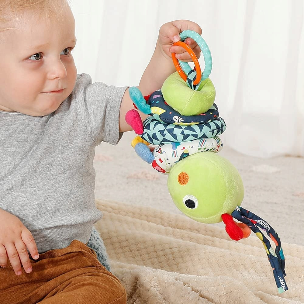FEHN zawieszka GĄSIENICA 24cm sensoryczna zabawka dla niemowląt, kolorowa zawieszka do przytulania i odkrywania