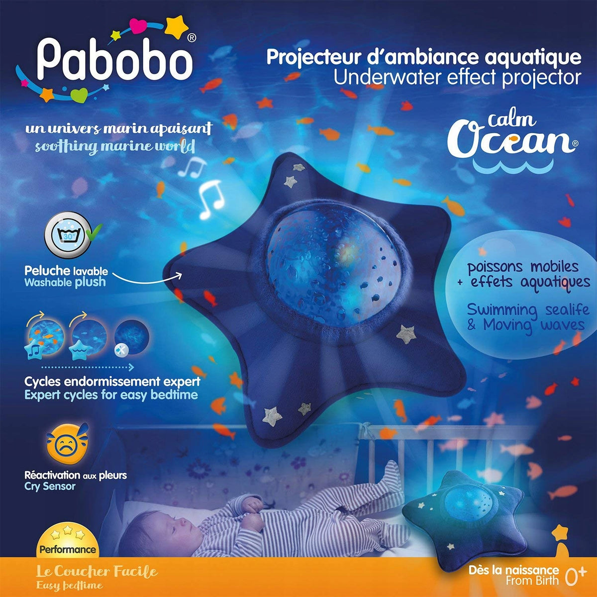 PABOBO Spokojny Ocean PROJEKTOR z melodią "O, niebieski projektor podwodnego świata z kojącymi efektami i trybami usypiania