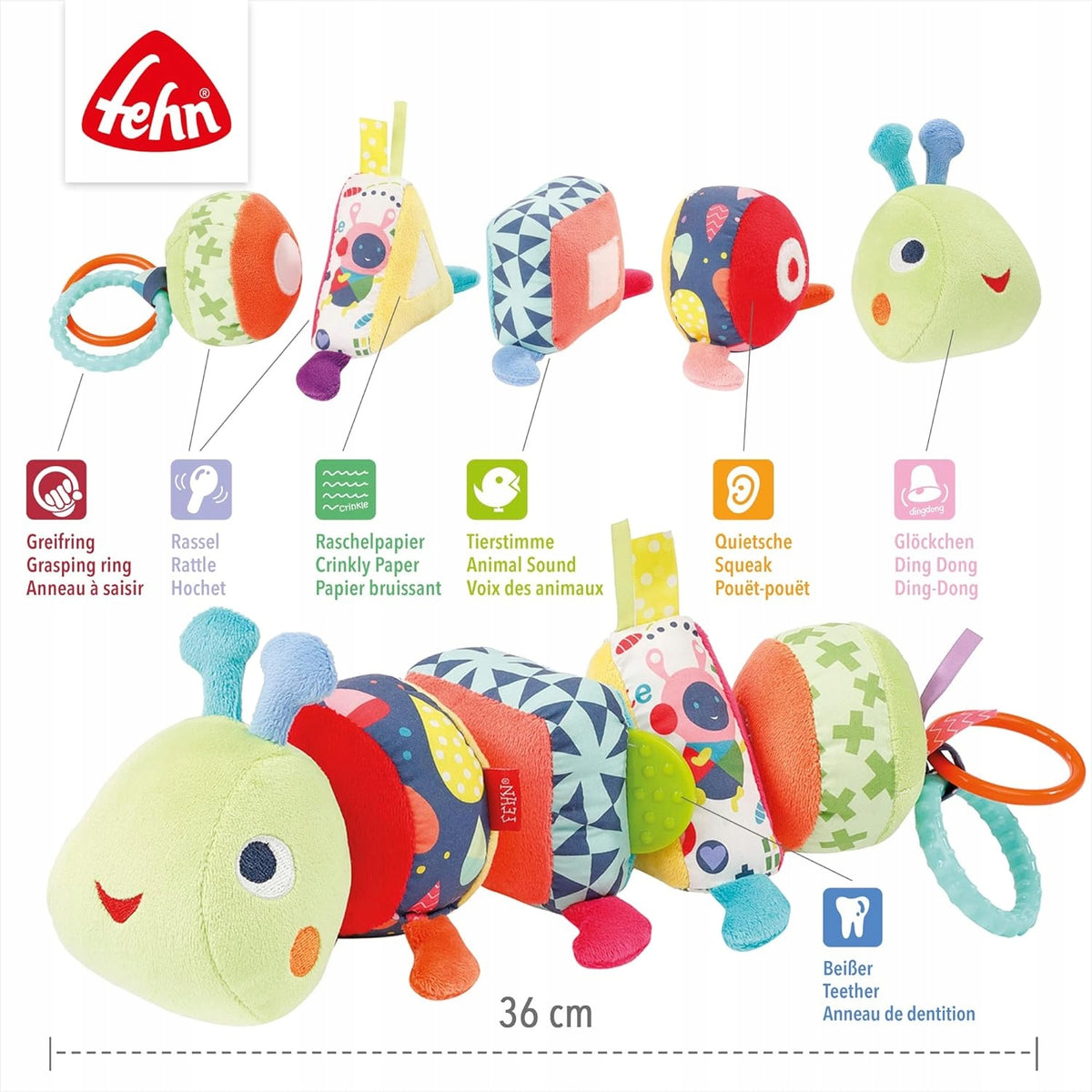 FEHN Color Friends gąsienica puzzle na rzep SENSORYCZNA 36cm