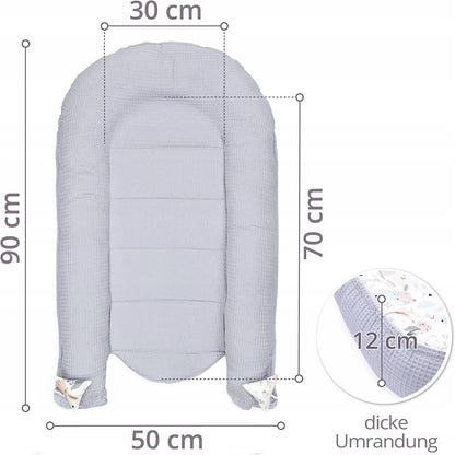TOTSY BABY kokon niemowlęcy gniazdo 90 x 50, szary, wymiary z grubą krawędzią i oddychającą bawełną