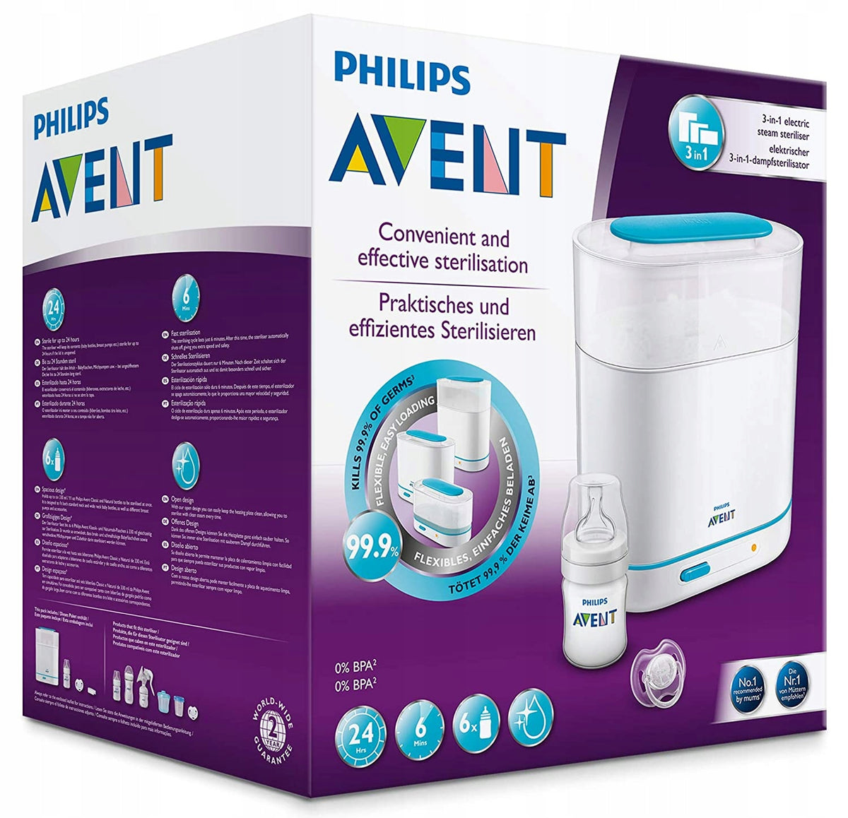 PHILIPS AVENT elektryczny sterylizator parowy 3w1, biało-turkusowy, 99,9% skuteczności