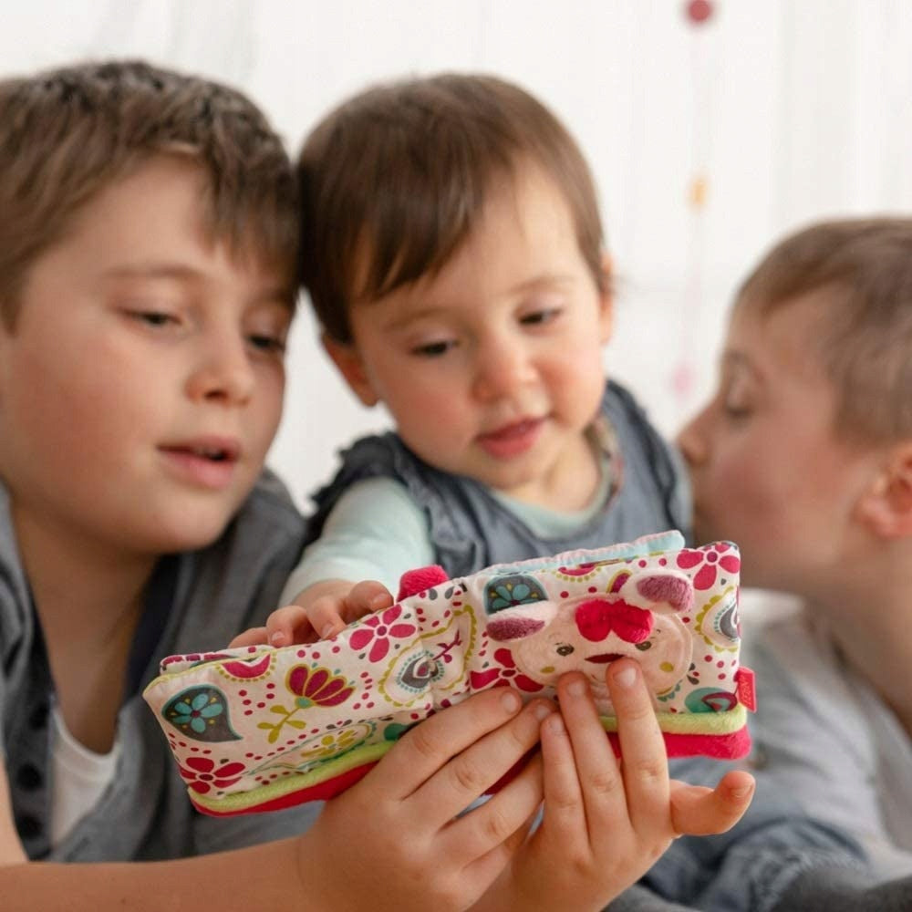 FEHN książeczka sensoryczna z lusterkiem ZAWIESZKA dla niemowląt, kolorowa książeczka materiałowa z motywem zwierząt